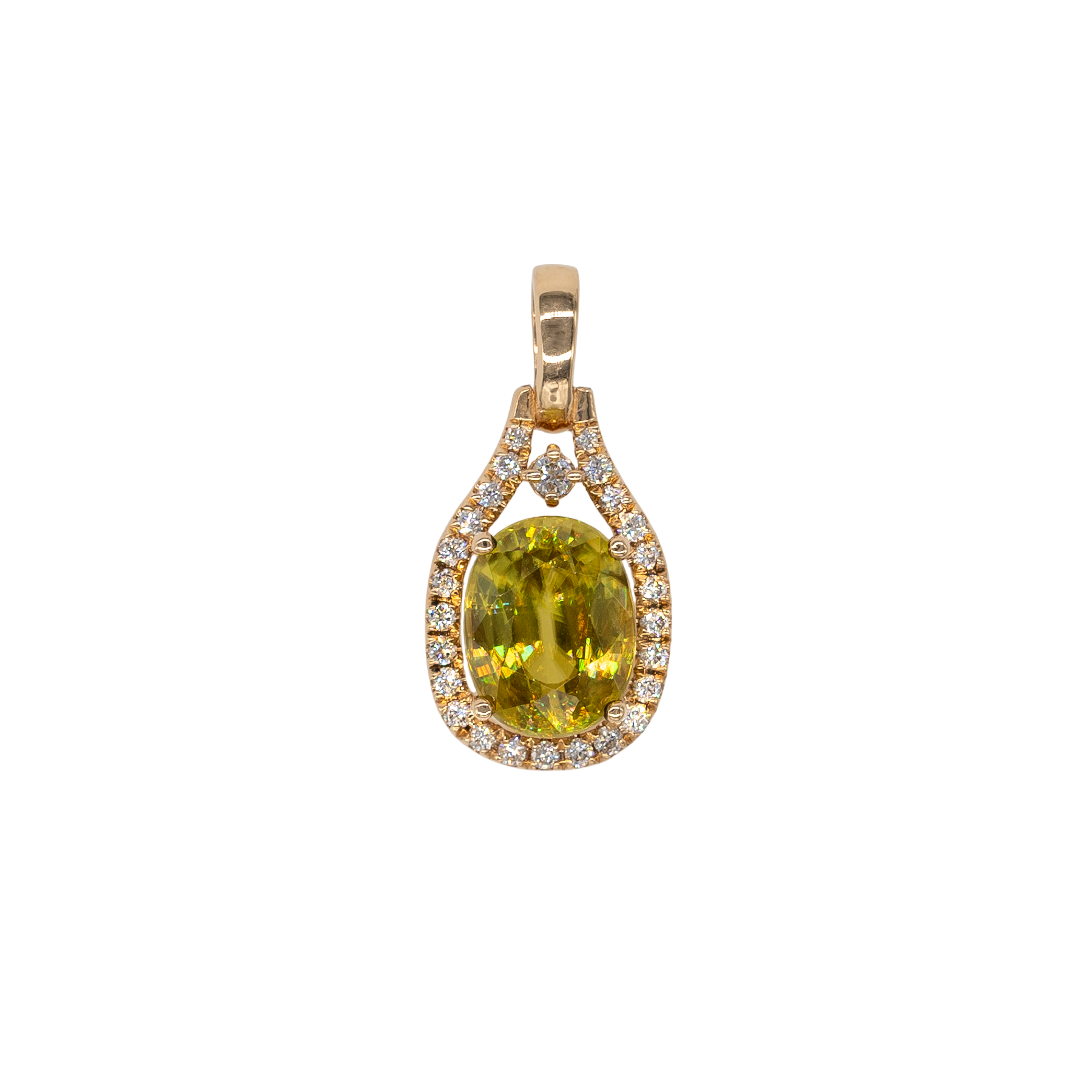Sphene oval pendant with diamond accents in 14k yellow gold