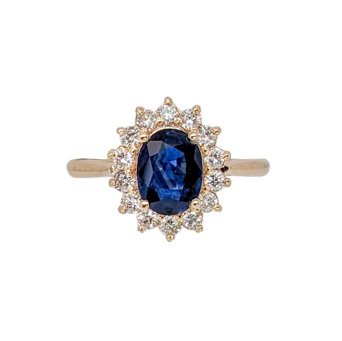 1.4ct Princess Diana Sapphire Ring w Natural Diamond Halo in 14K Yellow Gold