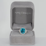 14K white gold Cambodian blue zircon cushion ring with diamond halo