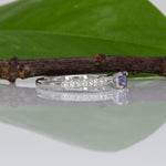 14K white gold purple sapphire round ring with diamond halo