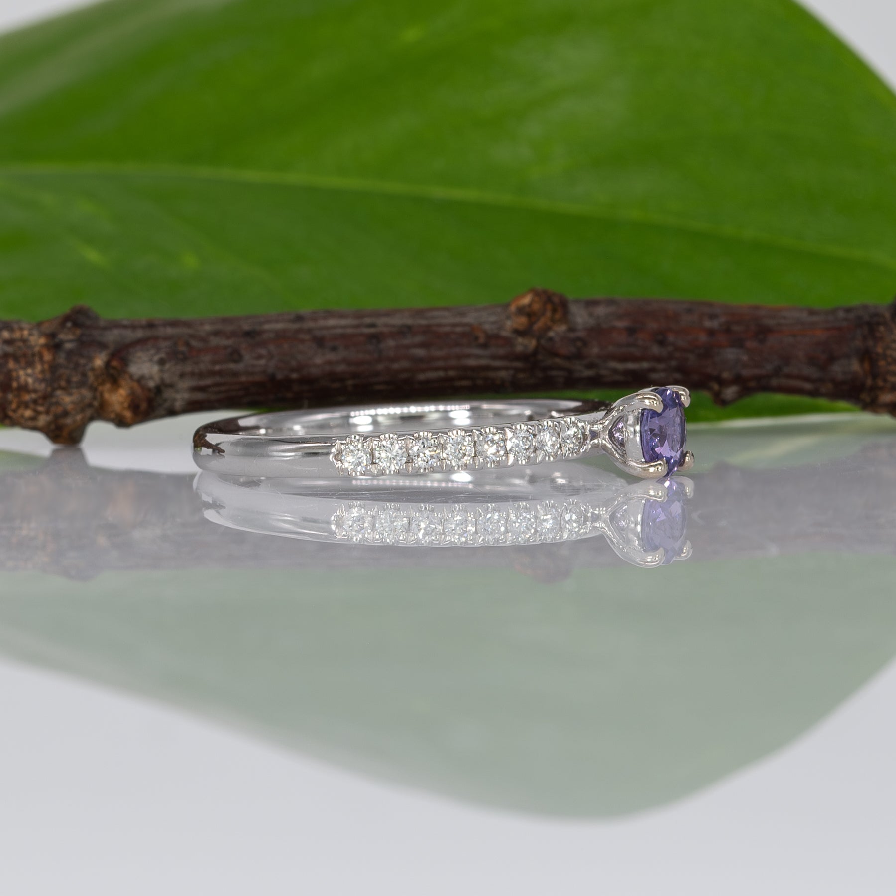 14K white gold purple sapphire round ring with diamond halo