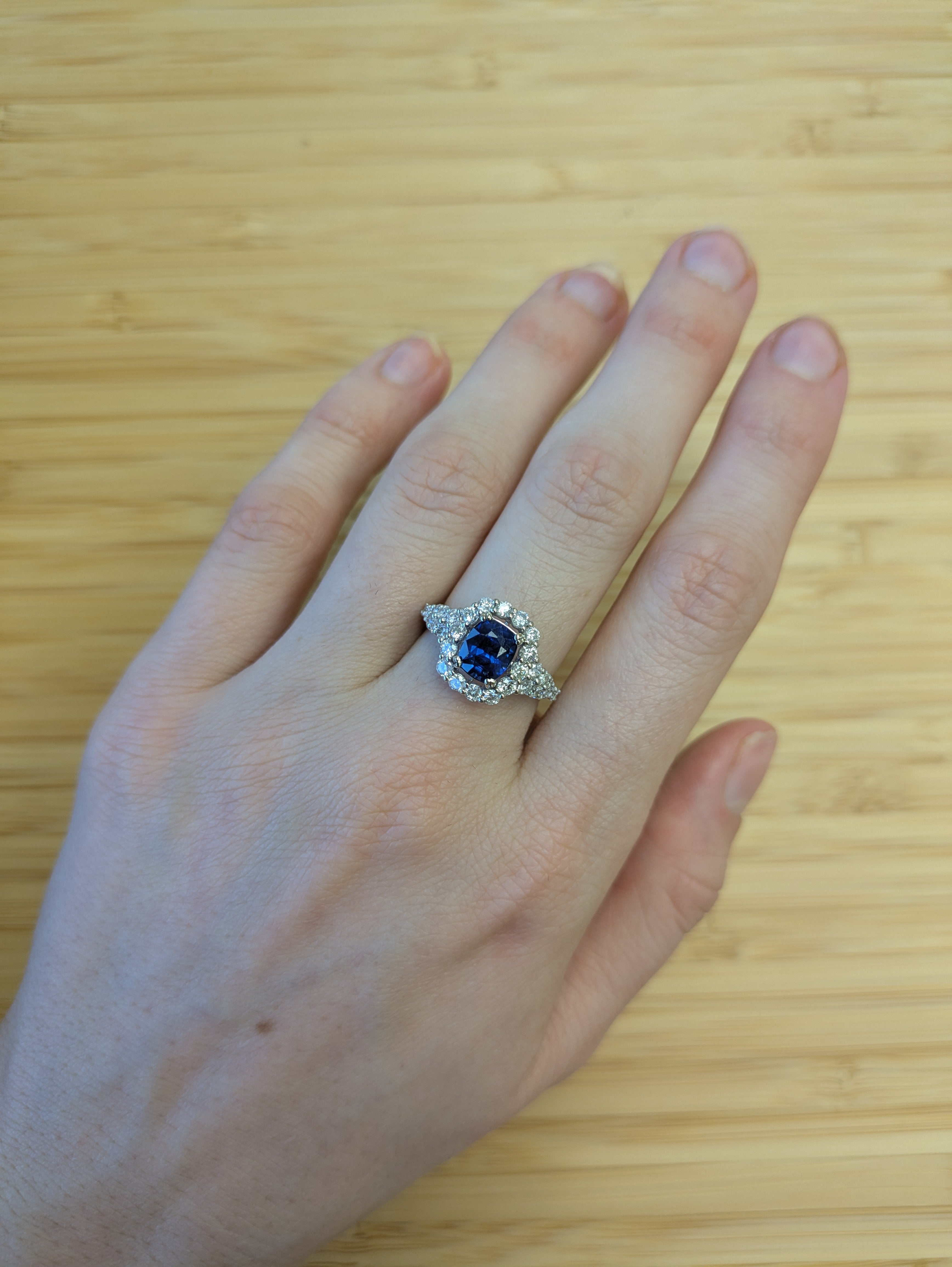 Hanshika 14K White Gold 2.18cts Ceylon Sapphire Diamond Ring | Cushion 8x6mm
