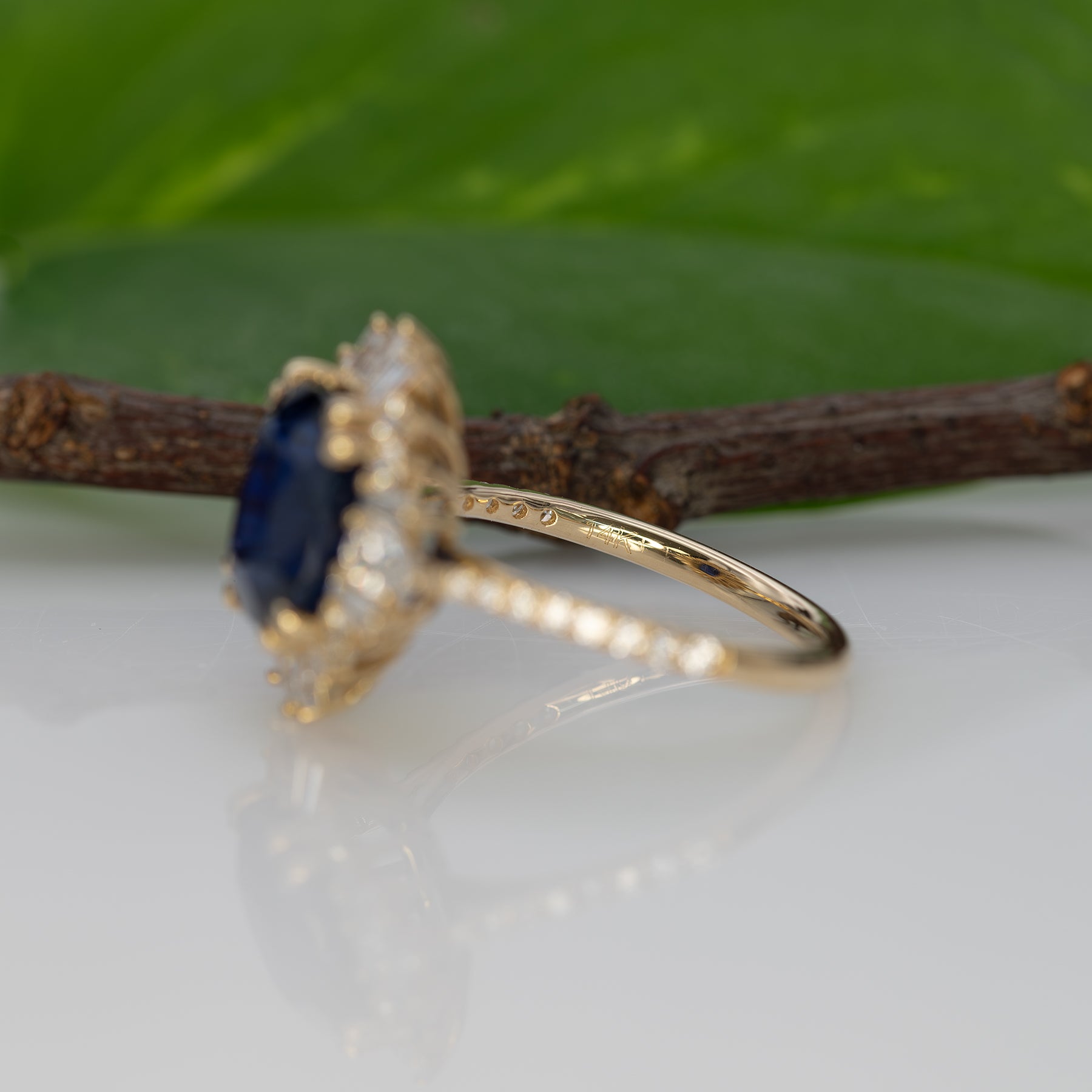 14K yellow gold GIA Ceylon sapphire cushion ring with diamond halo