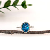 3.2ct London Blue Topaz Ring w Diamond Halo in Solid 14K Gold | OV 10x8mm