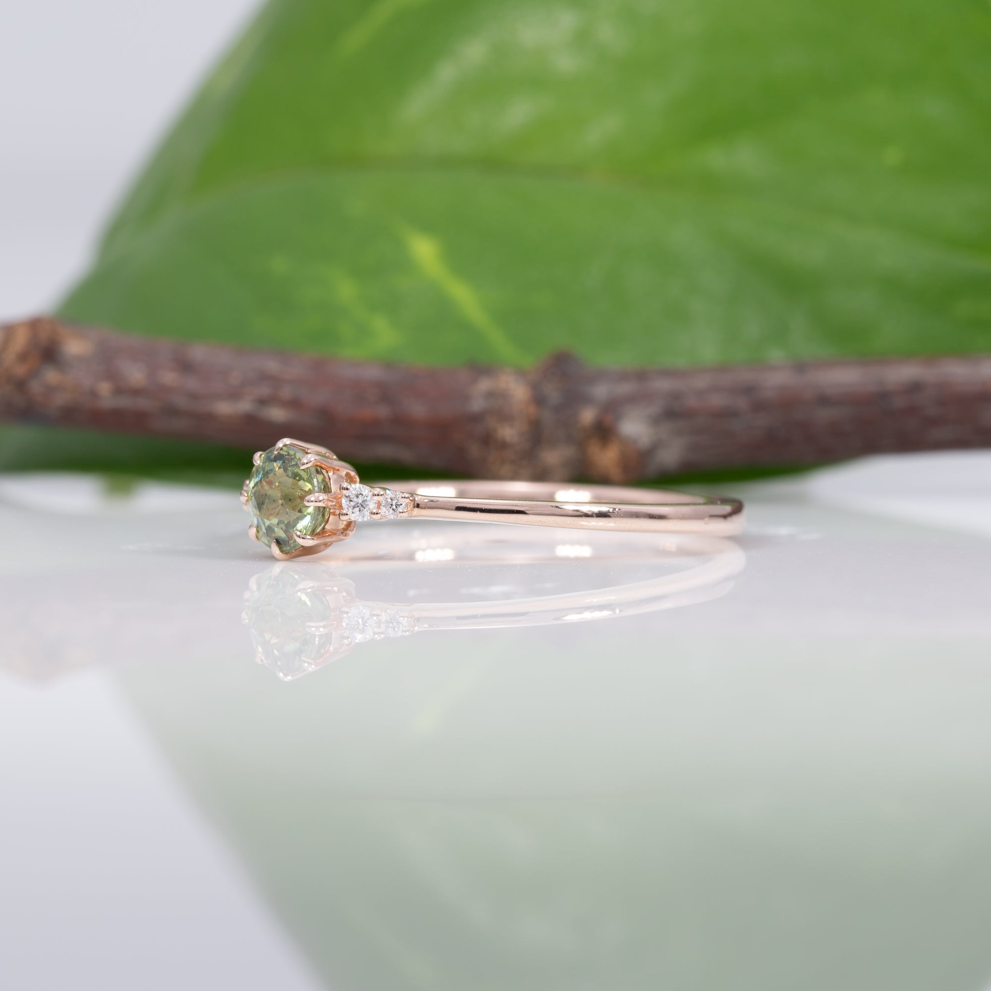 14K rose gold demantoid garnet ring