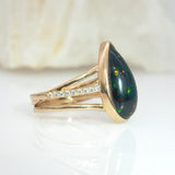 Penelope Solid 14K Gold 3.2cts Black Opal Ring with Natural Diamonds Accents, 16.5x8mm