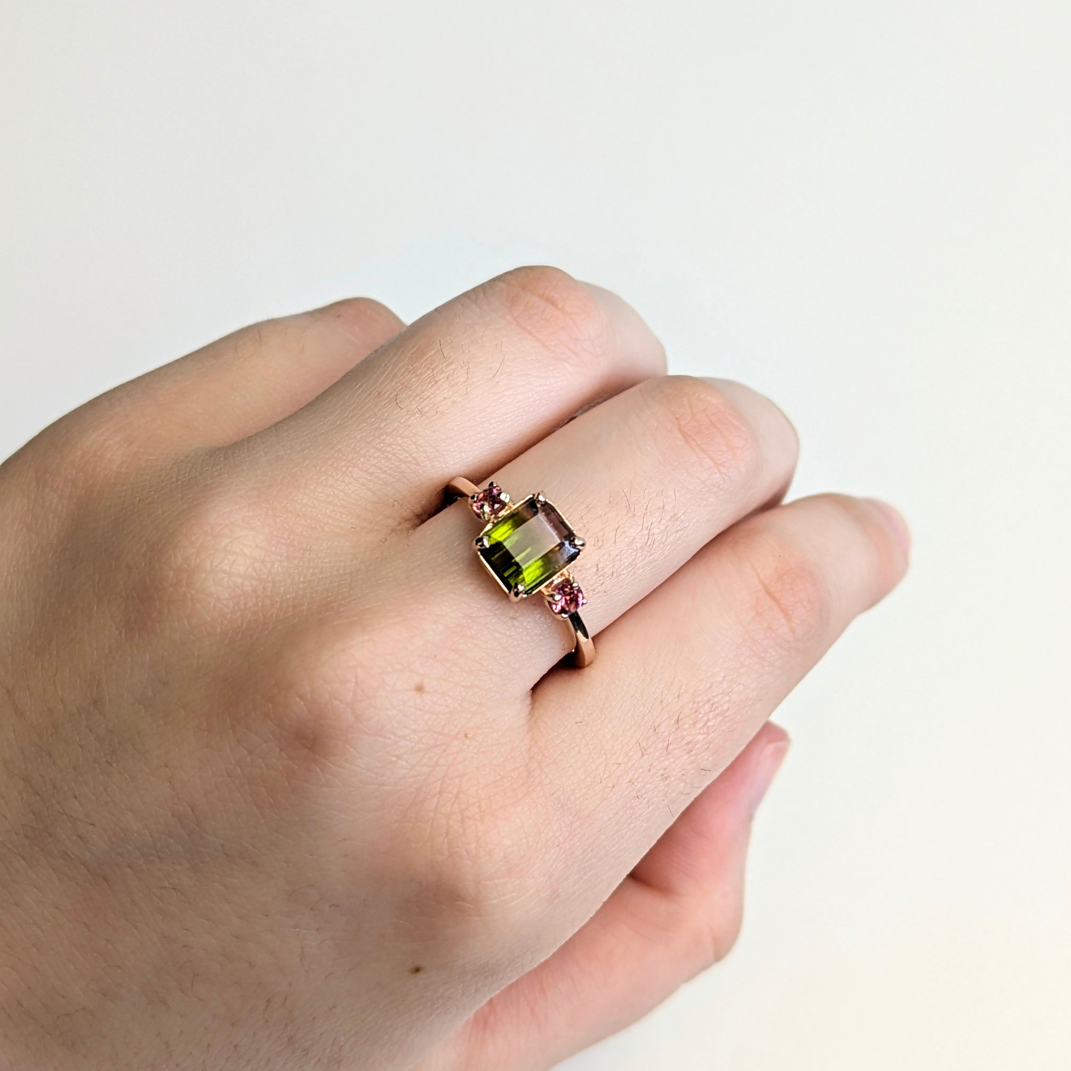 Avila 14K Rose Gold 3.55cts Bi-color Tourmaline Diamond Ring w 3mm Pink Tourmaline Accents | Emerald Cut - 9x6mm