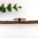 Dainty Ruby Ring w Natural Diamond Accents in Solid 14K Yellow Gold | Oval 6x4mm