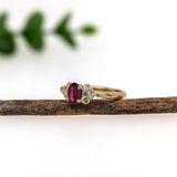 Dainty Ruby Ring w Natural Diamond Accents in Solid 14K Yellow Gold | Oval 6x4mm