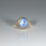 14K yellow gold rainbow moonstone cabochon ring with diamonds