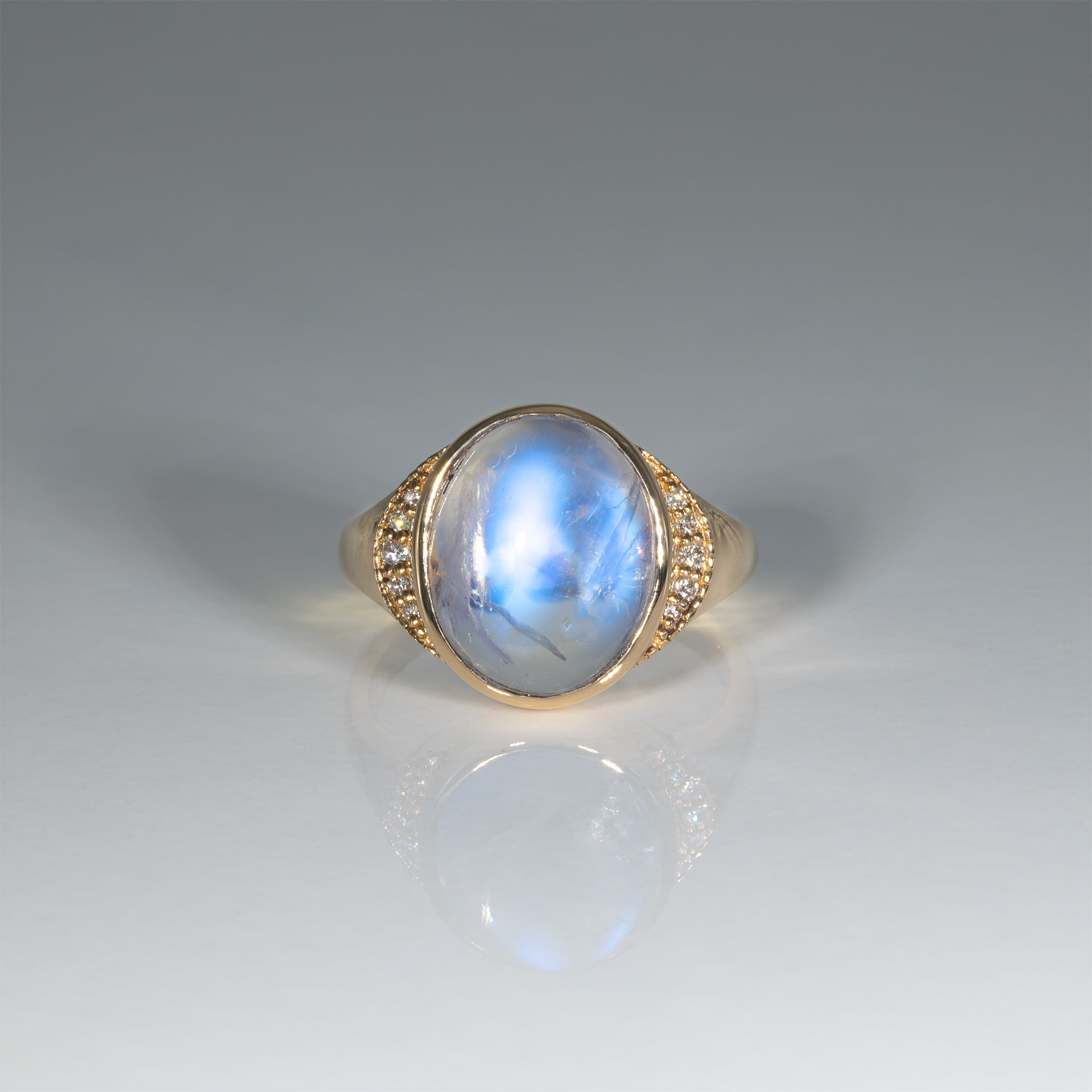 14K yellow gold rainbow moonstone cabochon ring with diamonds