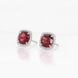 Cosette Solid 14k White Gold  Garnet Stud Earrings with Natural Diamond Halo, 8mm