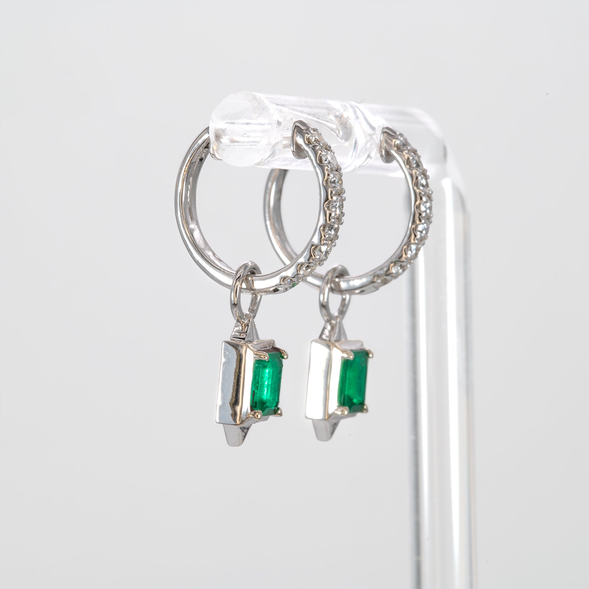 14K white gold convertible Colombian emerald hoop and drop earrings