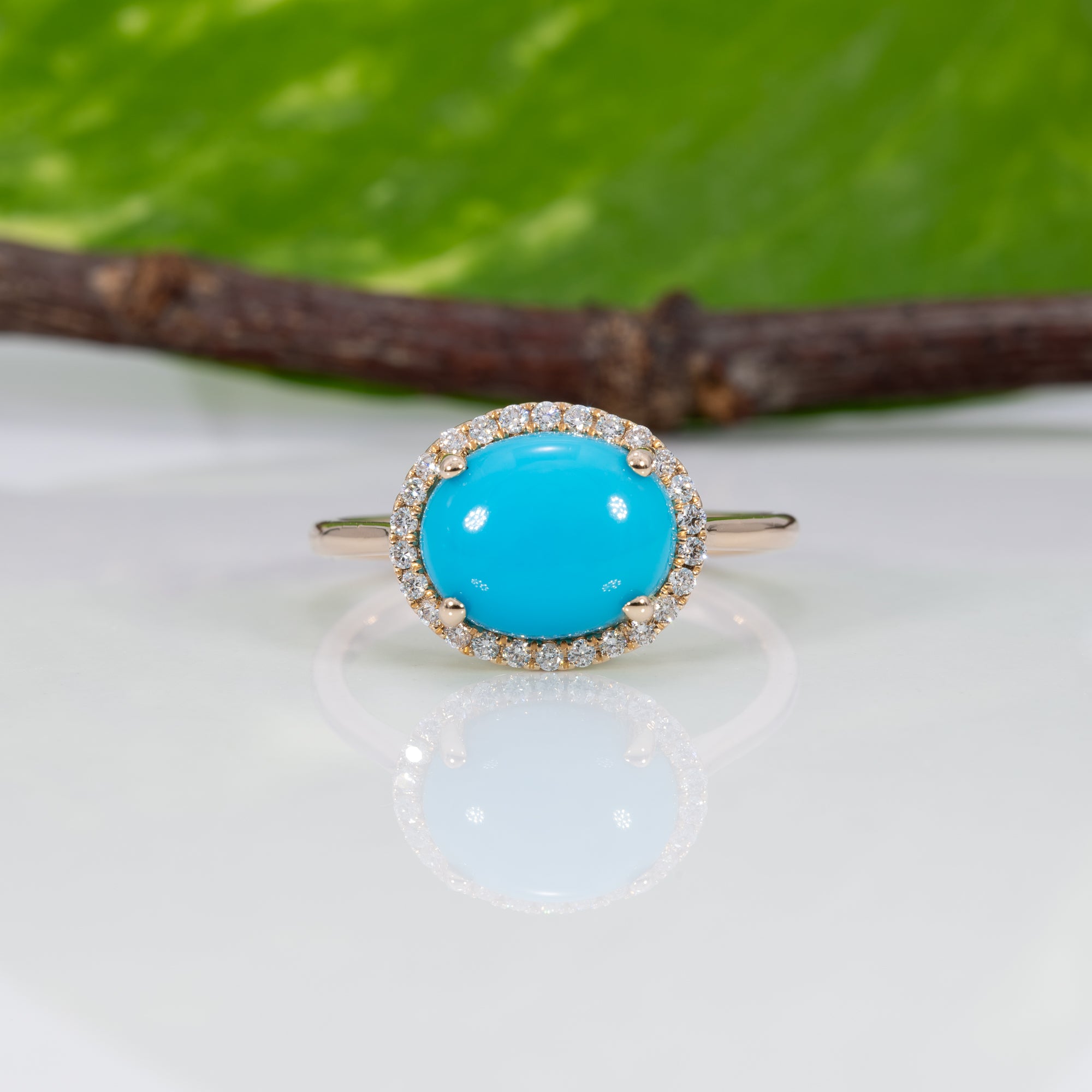 14K yellow gold sleeping beauty turquoise ring with diamond accents