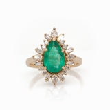 Lysette Solid 14k Gold Colombian Emerald Ring with Natural Diamonds, Pear 12x7mm