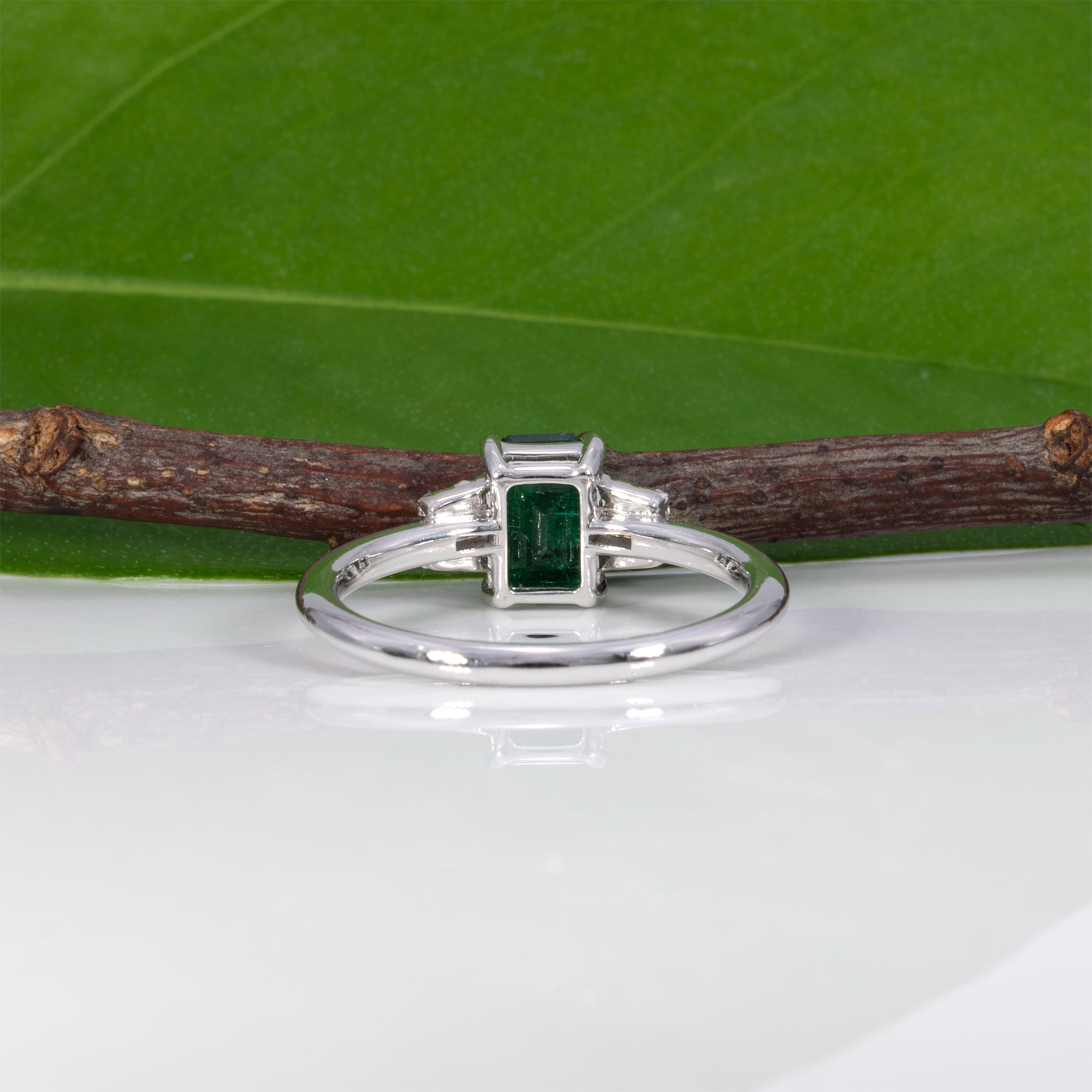 14K white gold Zambian emerald ring with diamond accents