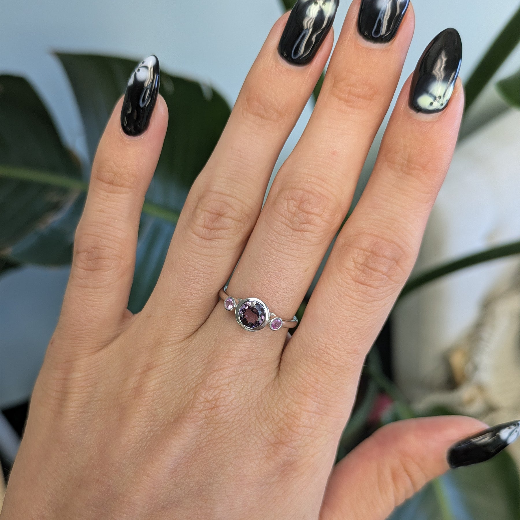 14K white gold purple spinel ring with purple sapphire accents