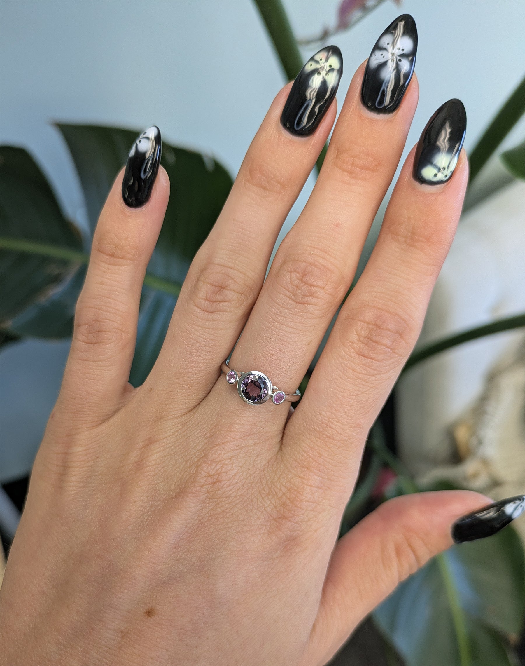 14K white gold purple spinel ring with purple sapphire accents