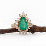 Lysette Solid 14k Gold Colombian Emerald Ring with Natural Diamonds, Pear 12x7mm