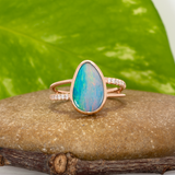 Maria Solid 14k Gold Boulder Opal Ring with Natural Diamond Accents, 13.4x3.6mm