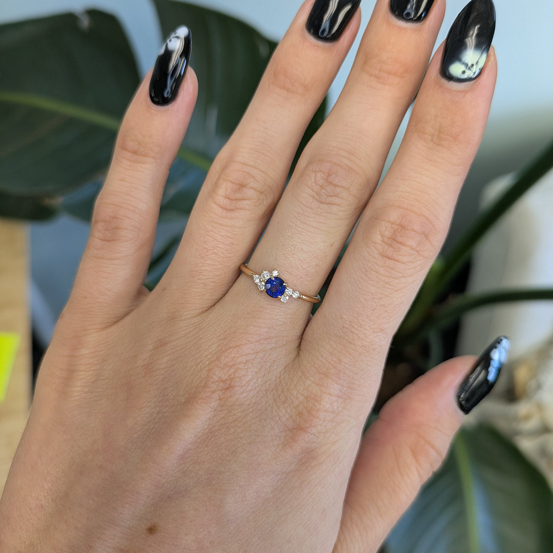 14K yellow gold Ceylon blue sapphire ring with diamond accents