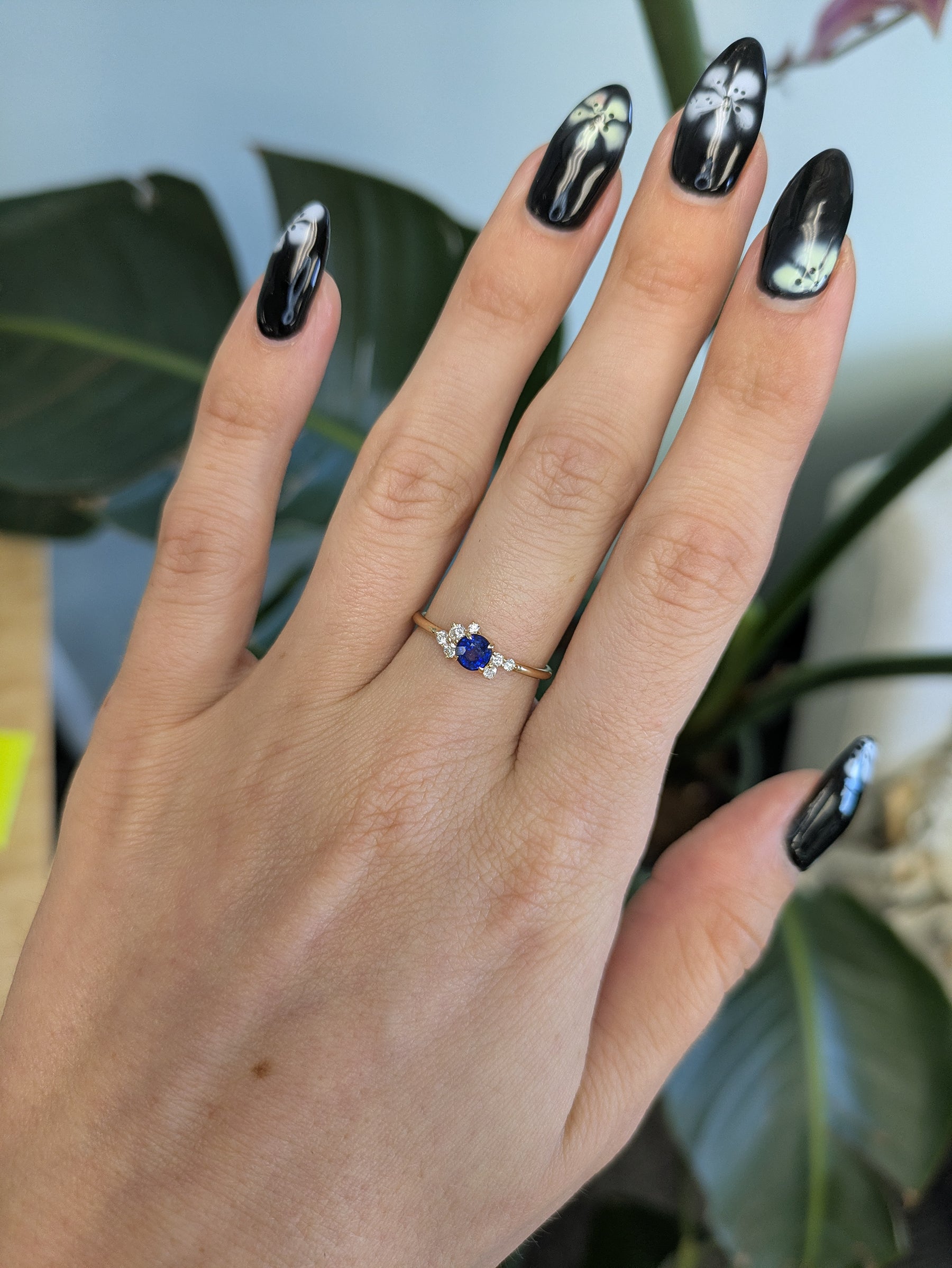 14K yellow gold Ceylon blue sapphire ring with diamond accents