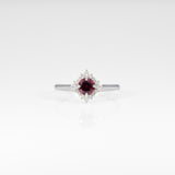 14K white gold red spinel ring with diamond halo