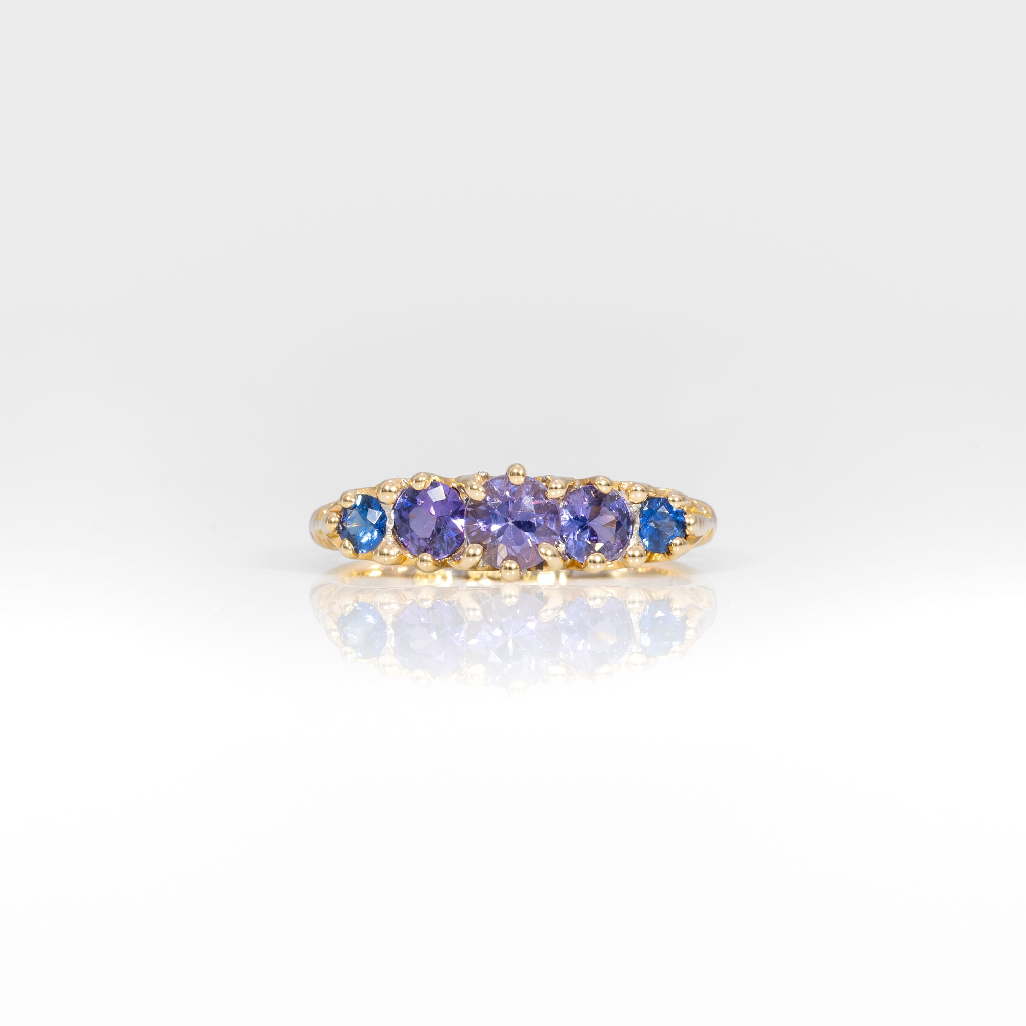 18K yellow gold estate ring with blue and purple sapphires