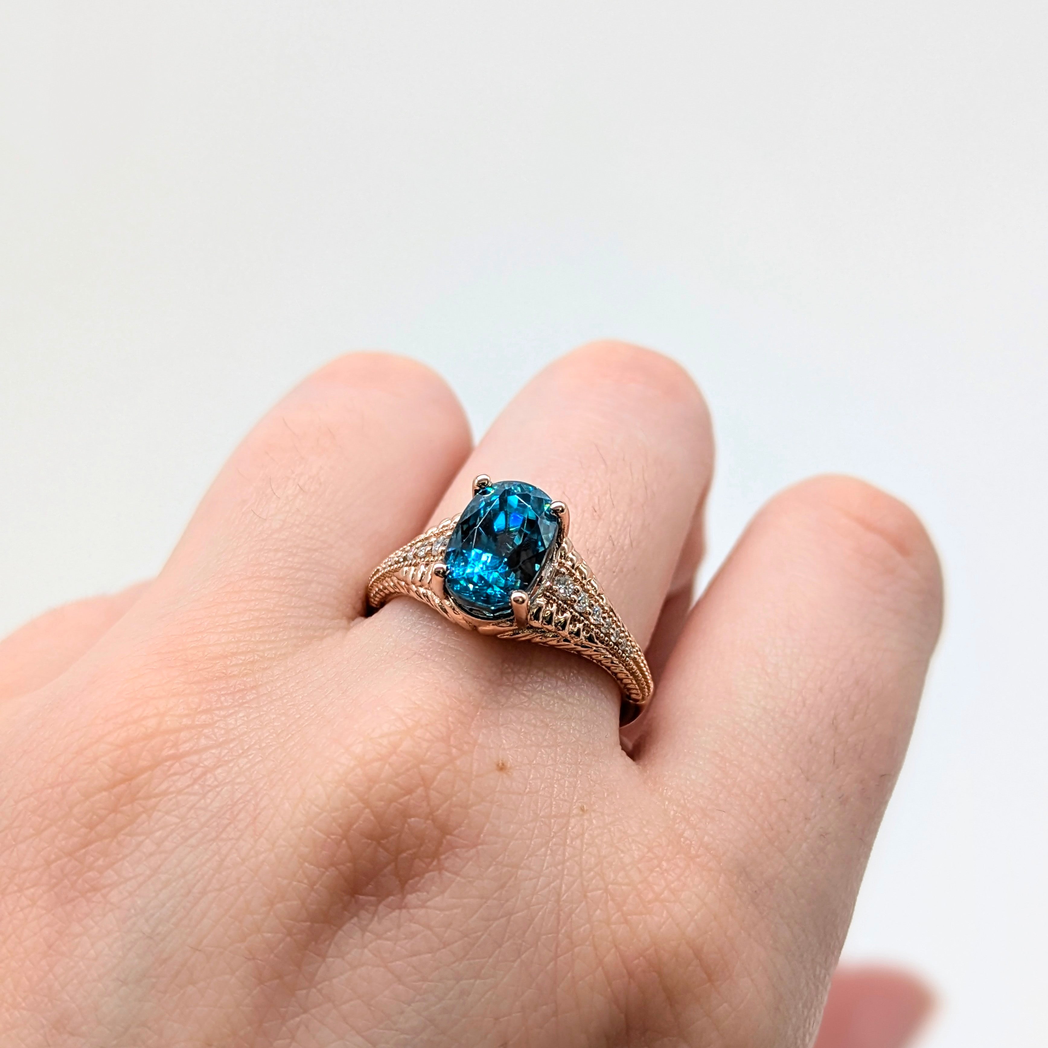 Indu 14K Rose Gold 4.73cts Blue Zircon Diamond Ring | Oval 9x7mm