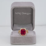 14K yellow gold Madagascar ruby ring with diamond halo