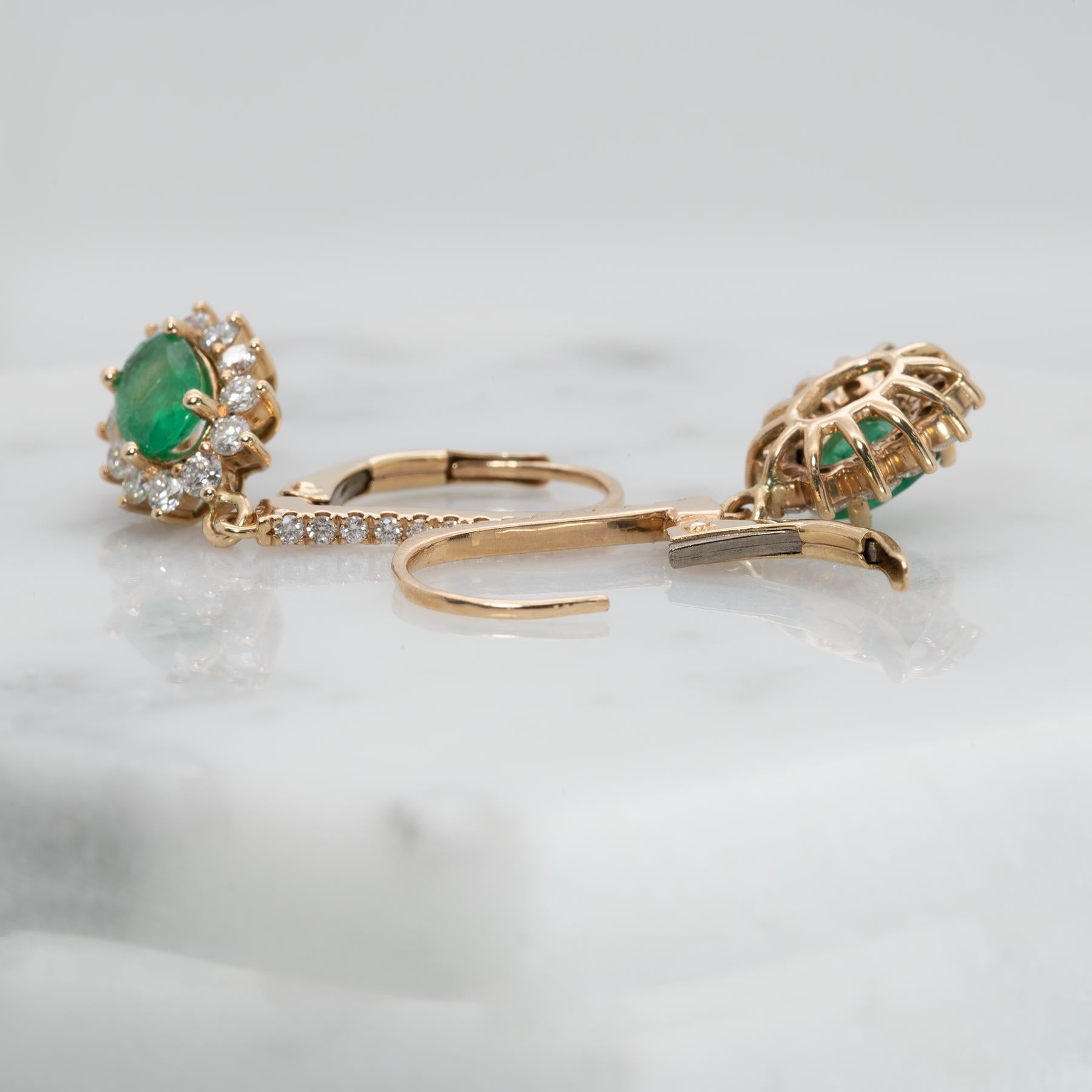 Zambian Emerald Dangle Earrings in 14K Yellow Gold | Diamond Halo | Oval Cut | 6x4mm | May Birthstone