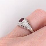 Vintage Inspired Ruby Ring w Earth Mined Diamonds in Solid 14K White Gold | Oval 5x4mm