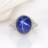 Ariana 14K Solid White Gold Star Sapphire and Diamond Ring | OV 13x11mm