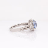 Cinderella Solid 14k White Gold Cornflower Blue Sapphire Ring with Natural Diamond Accents | Emerald cut, 8x7mm
