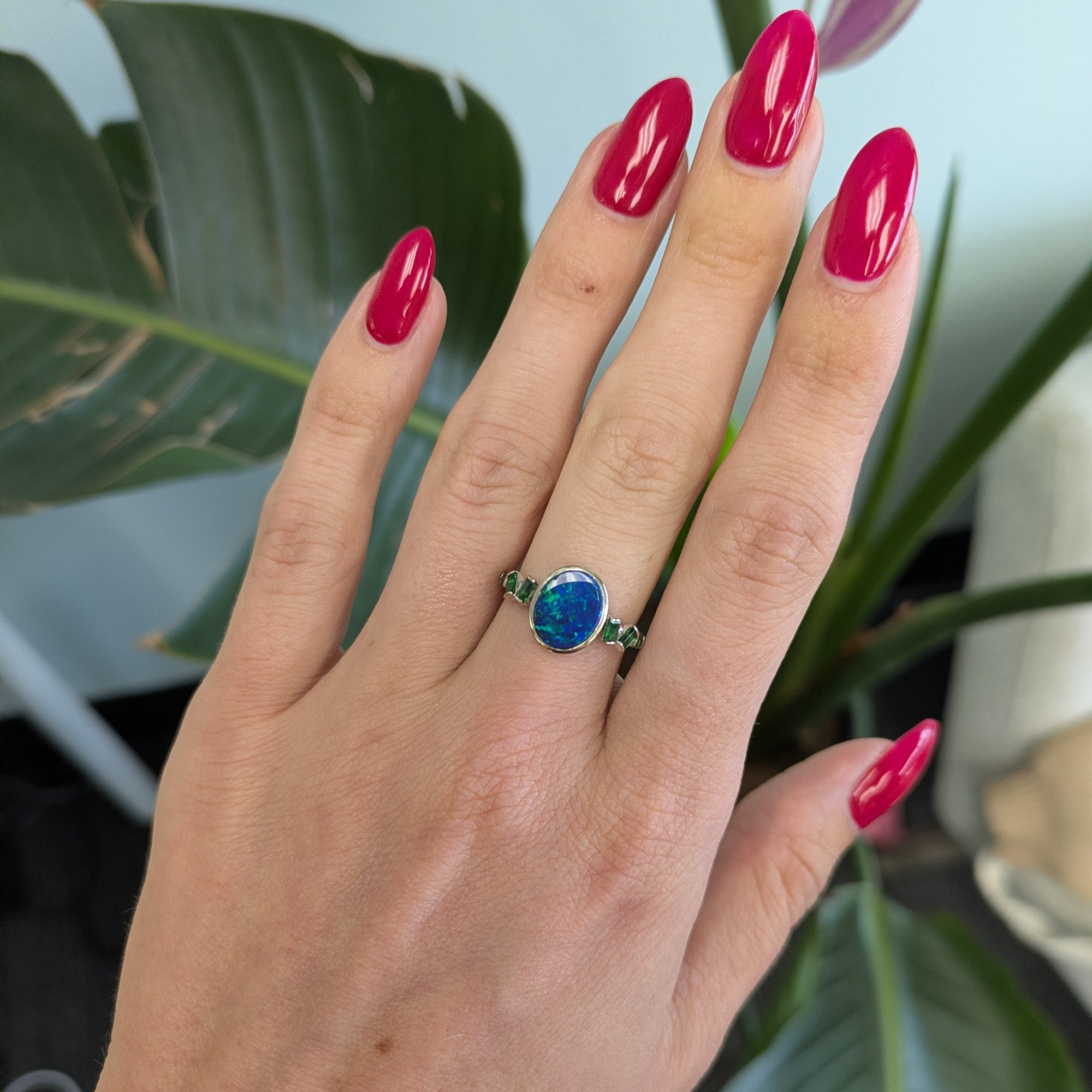 14K white gold boulder opal cabochon ring with tsavorite accents