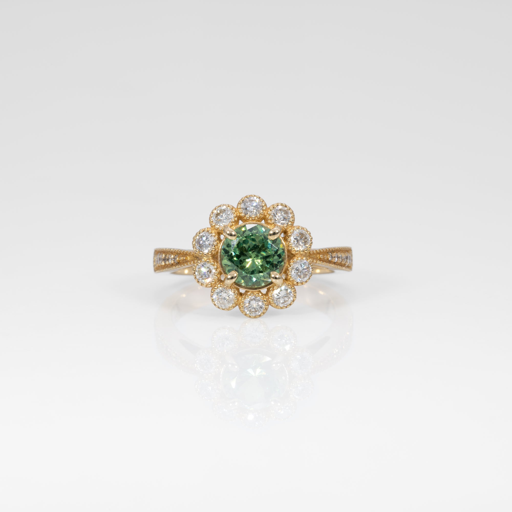 14K yellow gold demantoid garnet ring