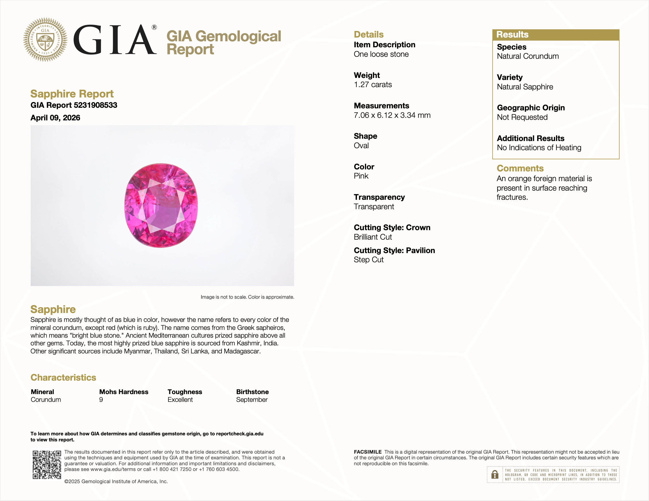 GIA report 5231908533 for 1.27 carat natural unheated pink sapphire
