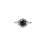 14K white gold teal sapphire oval ring with diamond halo