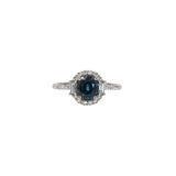 14K white gold teal sapphire oval ring with diamond halo