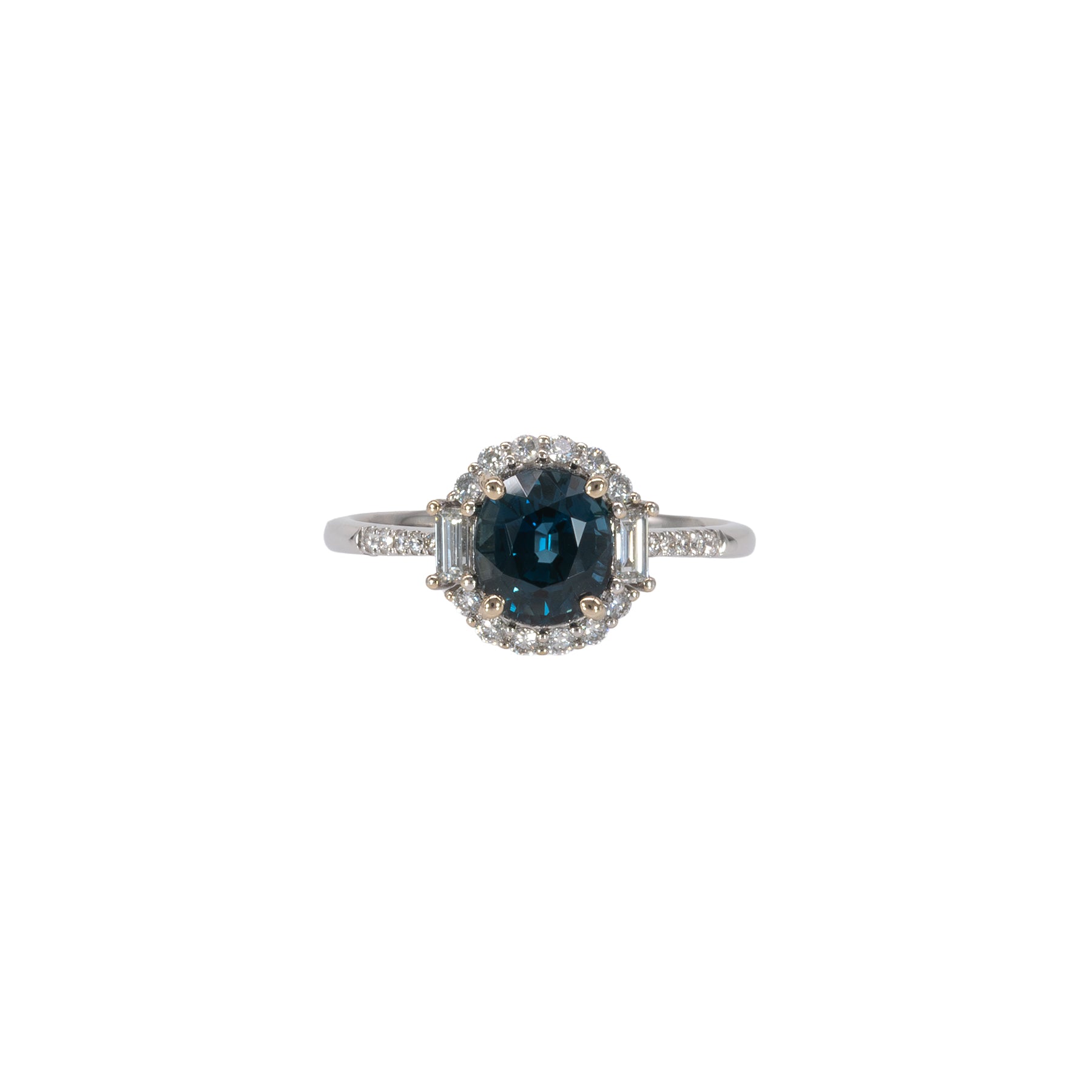 14K white gold teal sapphire oval ring with diamond halo