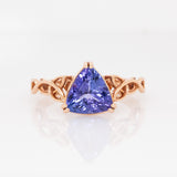 Dahlia Solid 14k Rose Gold Tanzanite Ring | Trillion Shaped, 9mm | Celtic love Knot Shank