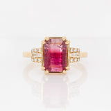 Lumi 14k Solid Gold Bi-color Tourmaline Ring with Natural Diamond Accents | Emerald cut 10.5x8mm
