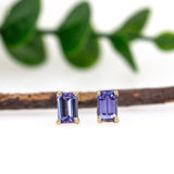 14K Solid Gold Tanzanite Solitaire Studs - 6x4mm Emerald Cut