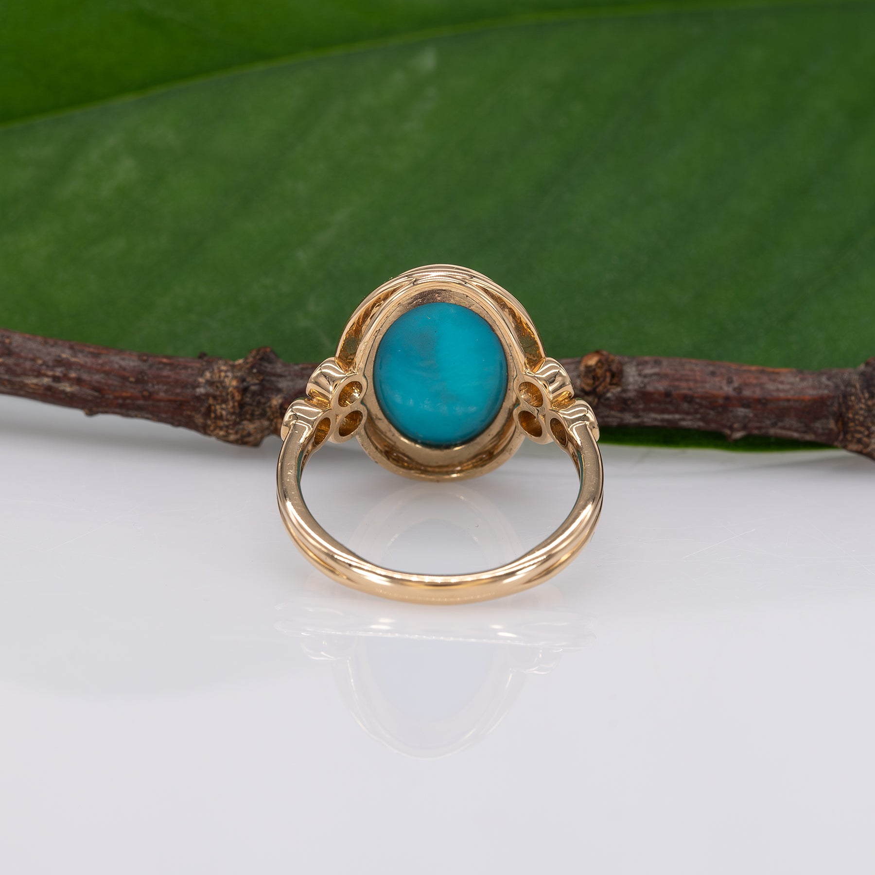 14K yellow gold turquoise cabochon ring with diamond accents