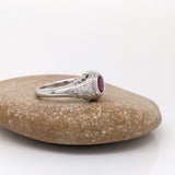 Vintage Inspired Ruby Ring w Earth Mined Diamonds in Solid 14K White Gold | Oval 5x4mm