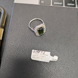 3.2ct Chrome Tourmaline Ring w Earth Mined Diamonds in Solid 14K White Gold | Emerald cut 11x6.5mm