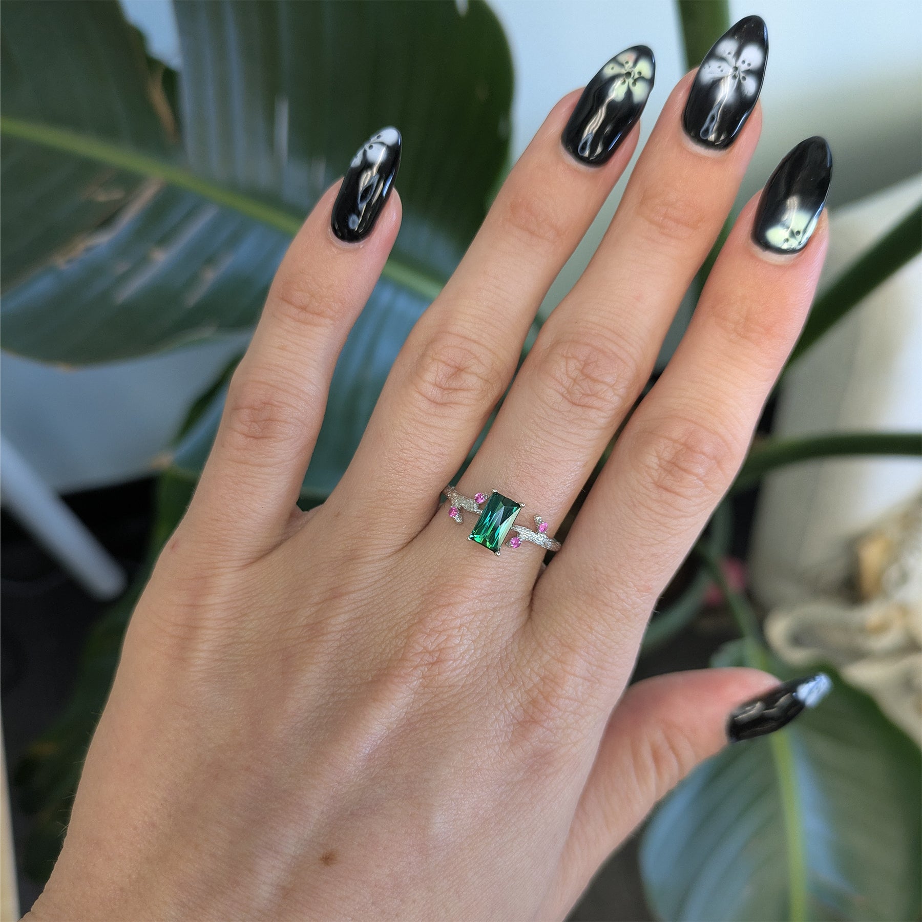 14K white gold indicolite tourmaline ring with pink sapphire accents