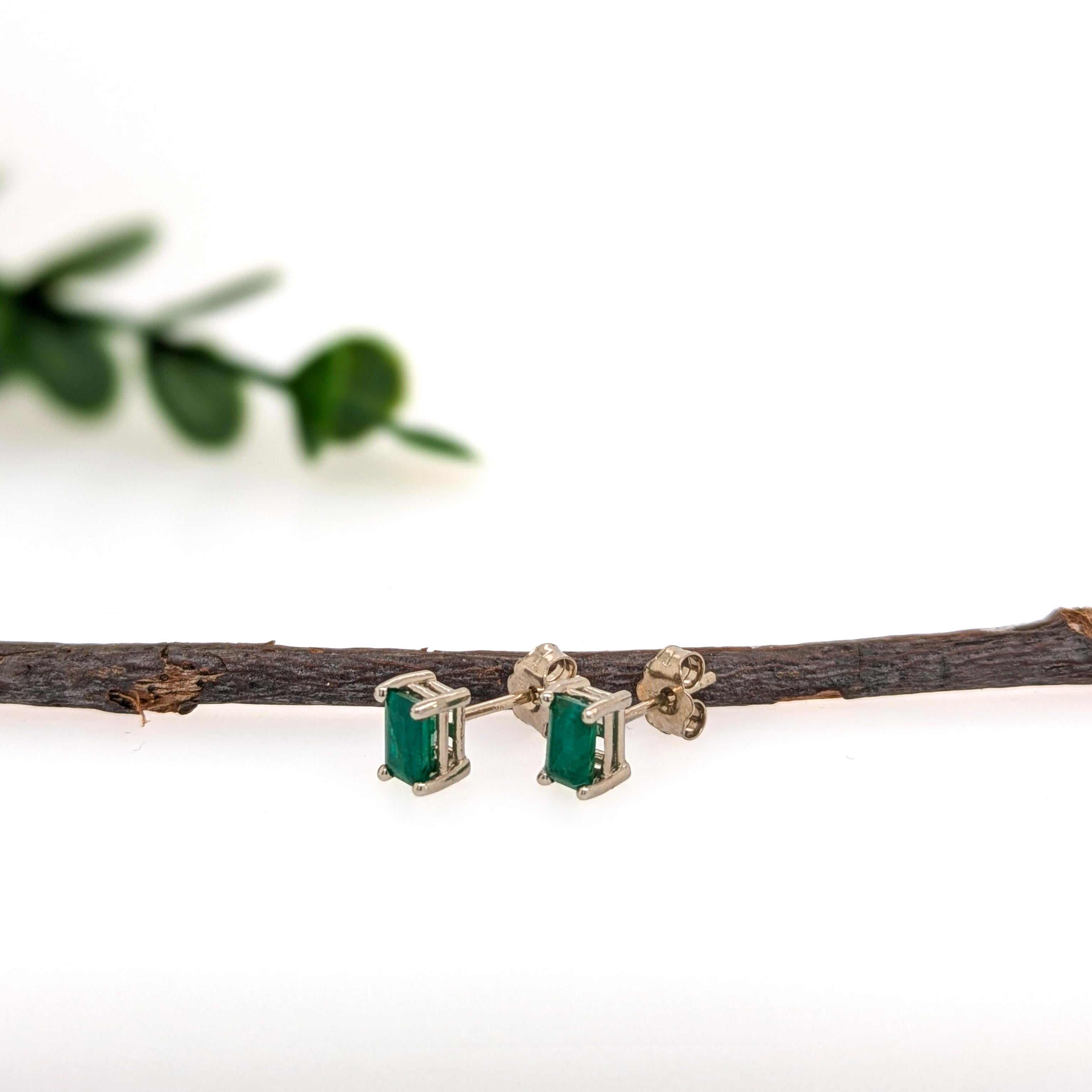 5x3mm Emerald Cut Zambian Emerald Solitaire Stud Earrings in 14K White Gold