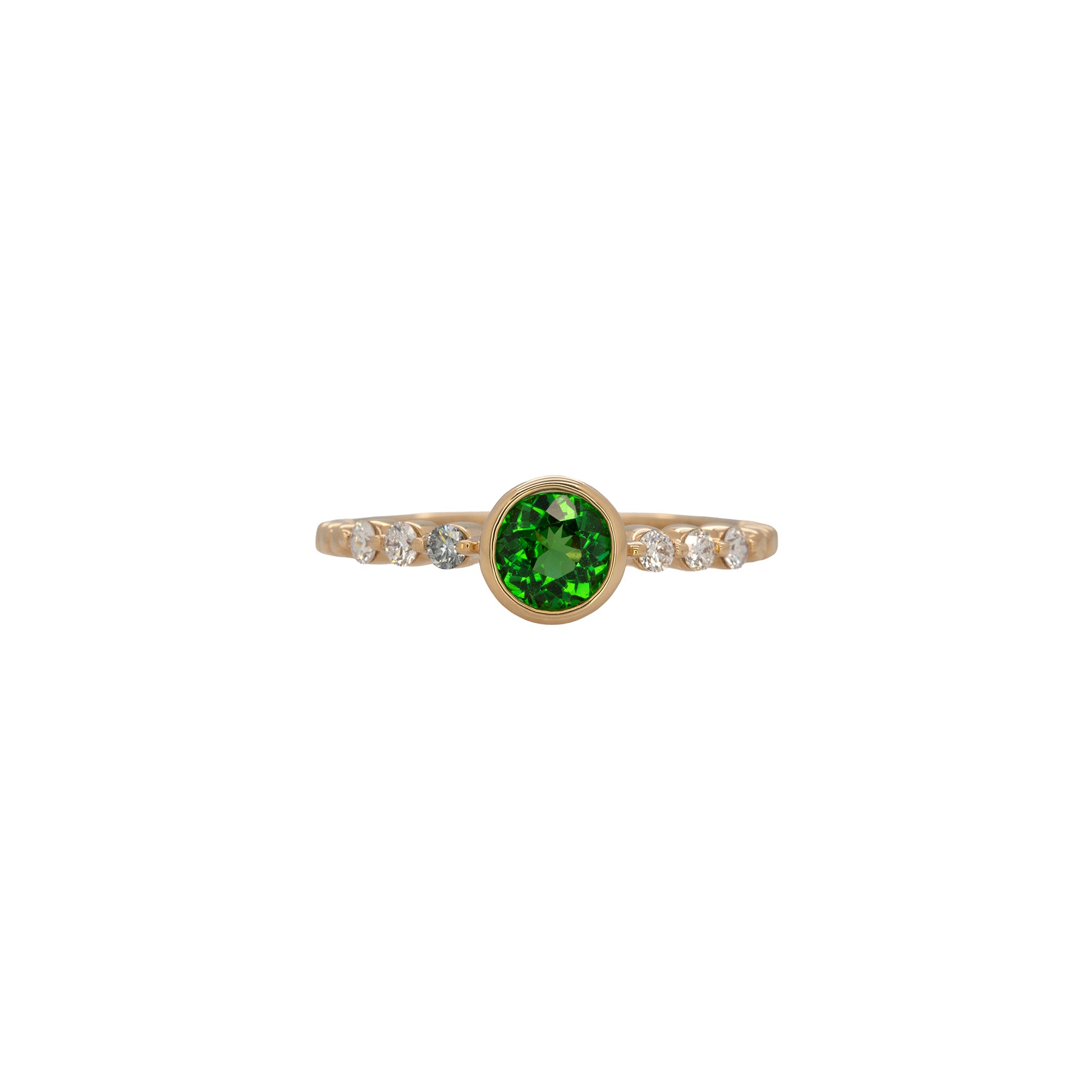 14K yellow gold tsavorite garnet round ring with diamond accents
