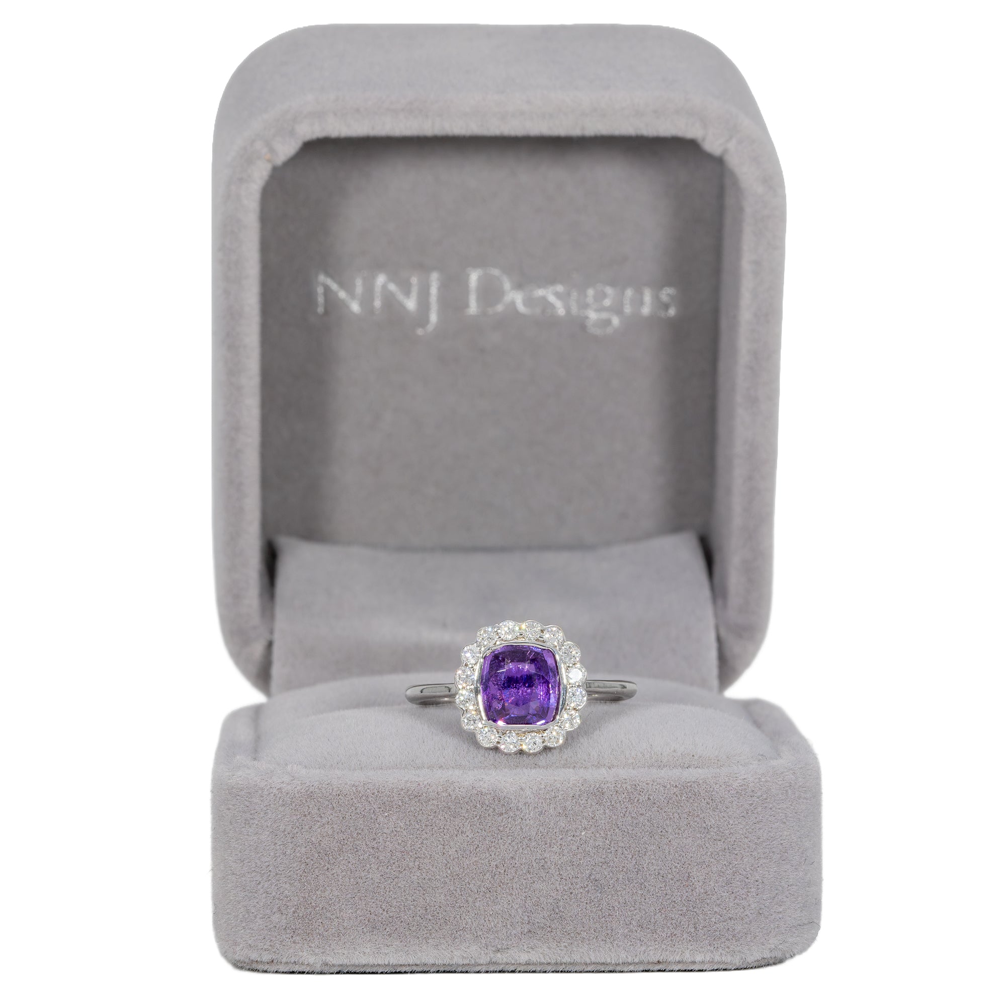 14K white gold GIA purple sapphire ring with diamonds